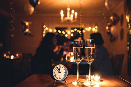 Two glasses of champagne on a table in a restaurant with a clockの素材