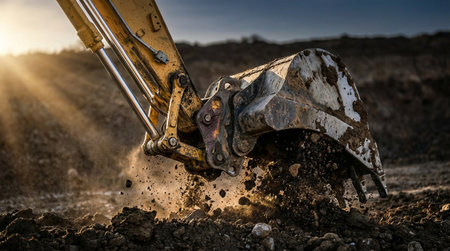 Excavator digs the ground with a shovel at the construction siteの素材
