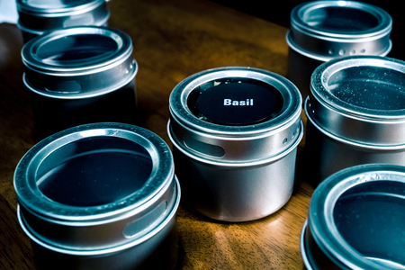 pots for spices silver stainless metal one with lableの写真素材
