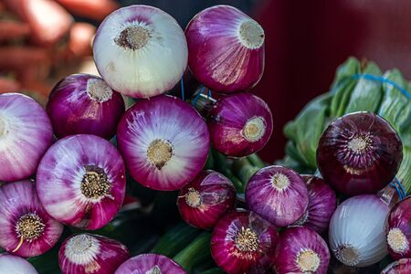 fresh purple onions pilled up at a local farmers marketの写真素材