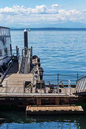 view of a distant dock near the seattle waterfront on a sunny day
