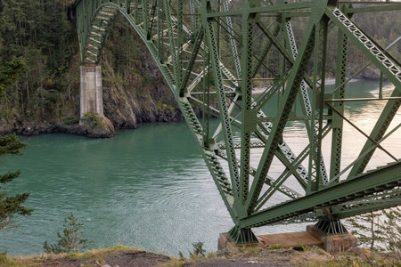 green metal supports arching over the waterの写真素材