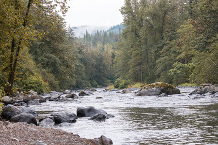 Green River with Mossy Boulders and Cloudy Mountainsの写真素材