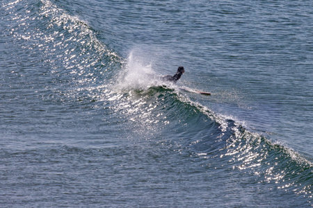 Surfer riding a sparkling wave in bright sunlightの写真素材