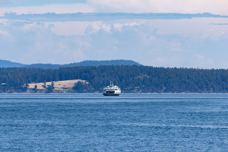 Distant Ferry Crossing Blue Waters Toward Forested Islandの写真素材