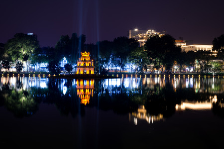 Hoan Kiem Lake at night in Hanoi Vietnamの写真素材