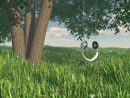 Headphones teeter-totter concept. High quality photo real renderの写真素材