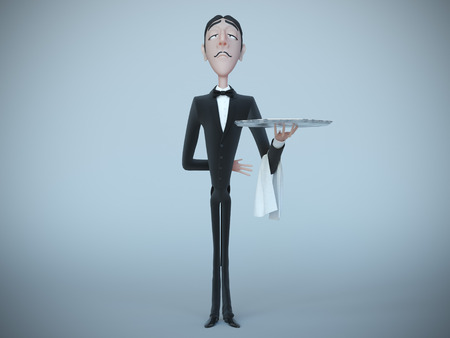 Waiter in tail-coat holding empty tray and napkin. 3d renderingの写真素材