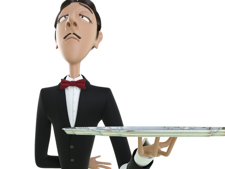 Waiter in tail-coat holding empty tray and napkin. 3d renderingの写真素材