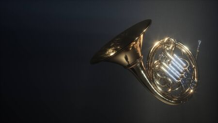 Aged french horn isolated on dark myst background. 3d renderの写真素材