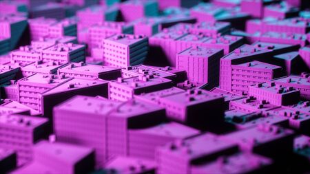 City sacpe in red and blue highlights tilt shift. 3d renderingの写真素材