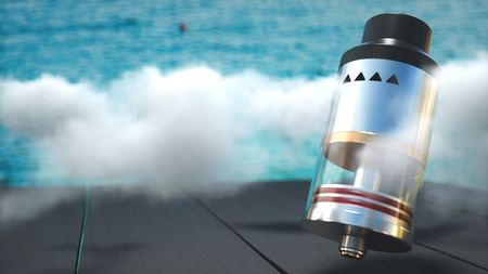 Rebuildable dripping atomizer in vape clouds. 3d renderの写真素材
