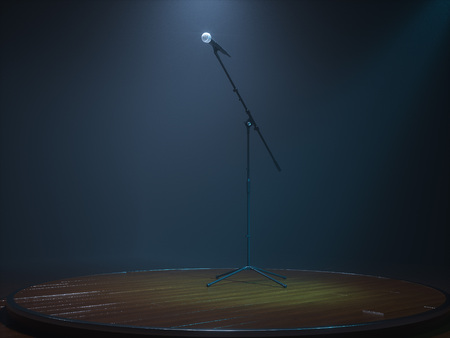 Round Dark empty stage and microphone. 3d renderの写真素材
