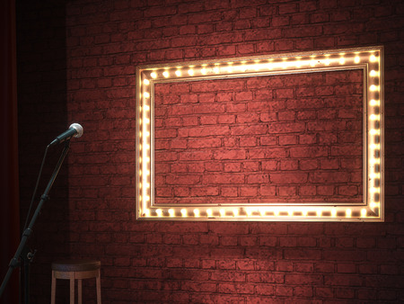 Dark empty stage with microphone. 3d renderの写真素材