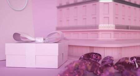 Jewelry store building, present box and paper bag, gems and diamonds. 3d renderingの写真素材