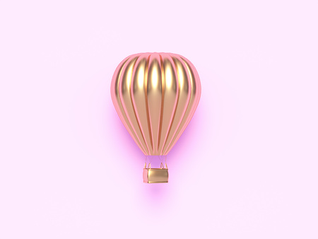 Hot air balloon golden, colorful aerostat isolated on pink background. 3d renderの写真素材