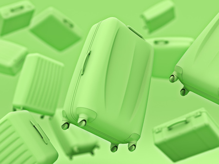 Set of green color suitcases mono colored concept copyspace. 3d render.の写真素材