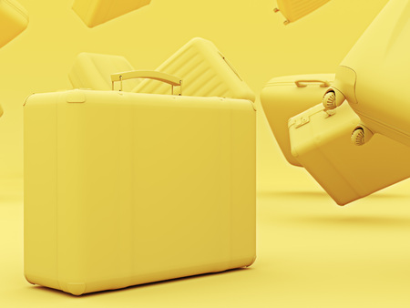Set of yellow color suitcases mono colored concept copyspace. 3d render.の写真素材