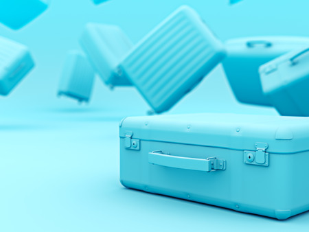 Set of blue color suitcases mono colored concept copyspace. 3d render.の写真素材