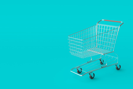 Concept of shopping cart trolley on blue background with some copy space. 3d illustrationの写真素材