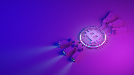 bitcoin crypto currency mining farm background with copy space. Glowing financial concept 3d illustrationの写真素材