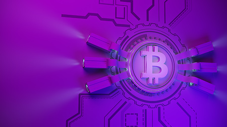 bitcoin crypto currency mining farm background with copy space. Glowing financial concept 3d illustrationの写真素材