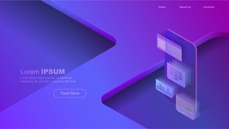 Concepts mobile usage, personal data. Header for website with smartphone and puzzle concept on blue violet background. Design for Landing Page. 3d isometric flat design. Vector illustrationのイラスト素材