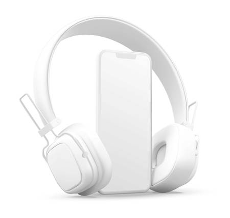 3D style headphones and smartphone on a white background, Concept banner design for music streaming service.のイラスト素材