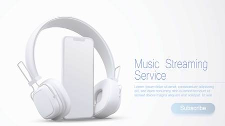 3D style headphones and smartphone on a white background, Concept banner design for music streaming service.のイラスト素材