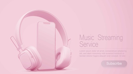 3D style headphones and smartphone on a pink background, Concept banner design for music streaming service.のイラスト素材