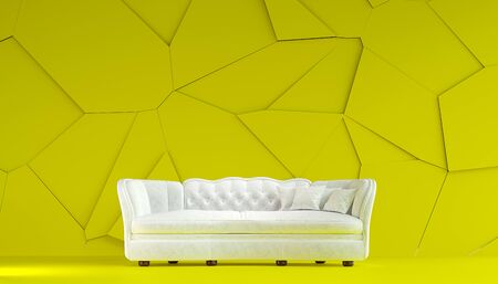 Modern white fabric sofa chesterfield style in lemon yellow room interior with structured cracked...