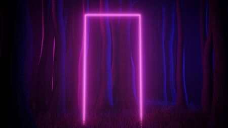 Mystical foggy forest in ultra violet neon lighting with light trails portal. Dark and mysterious scene. 3d renderの写真素材