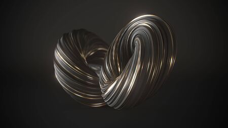 Black matte and gold stripes abstract twisted shape of paint brush stroke . Digital art background template 3d renderの写真素材