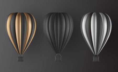 Realistic hot air balloon set in black gold and silver finish variation elements for landing page template, flyer or banner template. Vector illustrationのイラスト素材