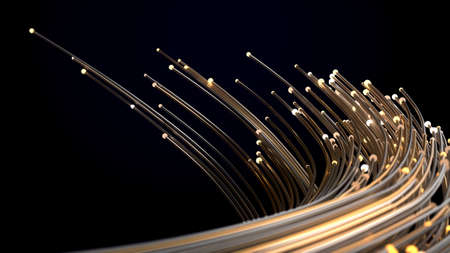smoothly flowing particles swarm with glowing golden trails. warm and cold colors. Suitable for any technology, fantasy, abstract and energy themes. 3d illustration.の写真素材