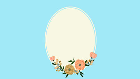 beautiful template, frame in a romantic style. Oval with flower arrangement at the bottom on a blue backgroundの写真素材