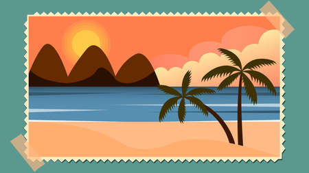 Mobile Vector illustration, image in the style of a photograph, glued with tape, depicting a tropical sunset against a background of mountains, clouds, ocean, sand, palms in retro colorsの写真素材