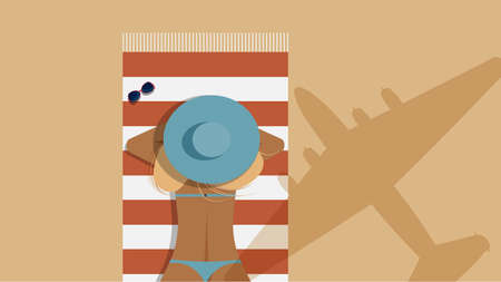 Sixties flat style illustration. A sunbathing girl lies on her stomach on a striped rug in the sand in a blue swimsuit and a hat, and above her is the shadow of a Honolulu clipper planeの写真素材