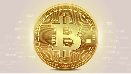 Illustration, wallpaper for phone with the image of a gold coin of cryptocurrency bitcoin with numbers in the background on a golden backgroundの写真素材