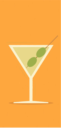 flat style illustration in retro style depicting a martini glass with two olives on a stick in a glass against an orange backgroundの写真素材