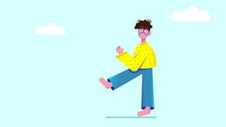 Illustration, background with the image of a barefoot green-eyed walking young man in glasses, a yellow sweater, jeans on a blue backgroundの写真素材