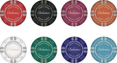 Vector illustration of colorful casino chips with casino name and dollar denominationのイラスト素材