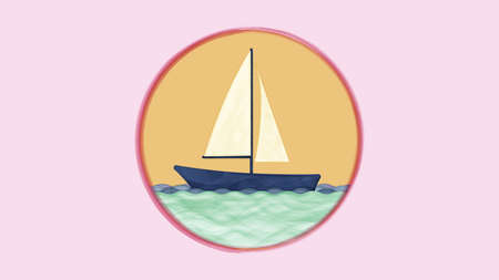 Vector icon illustration in watercolor style boat sailboat. Blue sailboat with white sails on blue waters icon for highlights social networks button for stories for website decoration.のイラスト素材