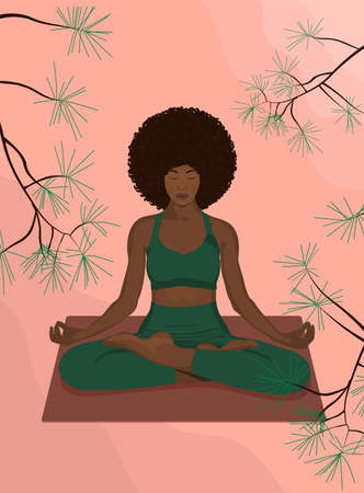 Beautiful african woman sitting in lotus position in green clothesのイラスト素材