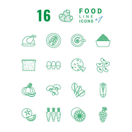 Set of icons in the style of a green line on the topic of healthy foodのイラスト素材
