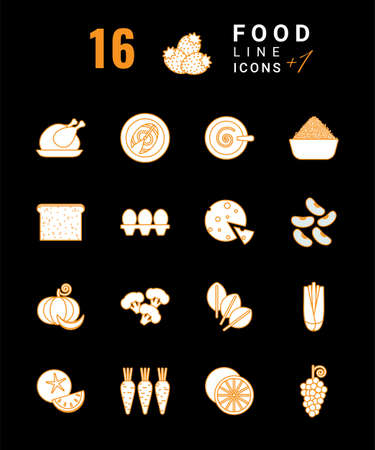 Set of simple icons in line style on the topic of healthy food on a black backgroundのイラスト素材