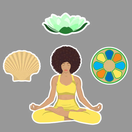 Yoga Stickers. Girl with African hair sits in lotus positionのイラスト素材