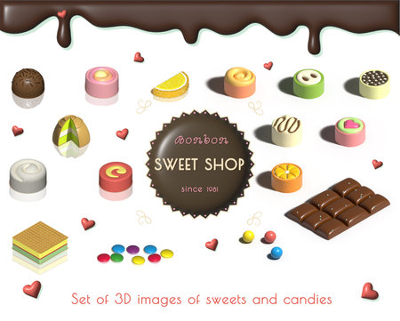 SWEETS SHOP in retro style, 3D SET candys Pralines, chocolate and dragees on foil in isometryの写真素材