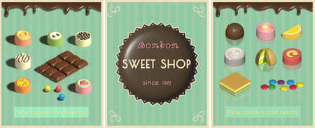 SWEETS SHOP in retro style, 3D SET candys Pralines, chocolate and dragees on foil in isometryの写真素材