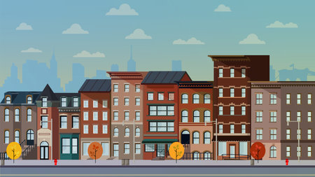 Illustration of facades of retro houses, new york streets or old brooklyn. Collection of Brooklyn building facades. Traditional New York architecture. Vector illustration Cozy landscape of historic new york.のイラスト素材